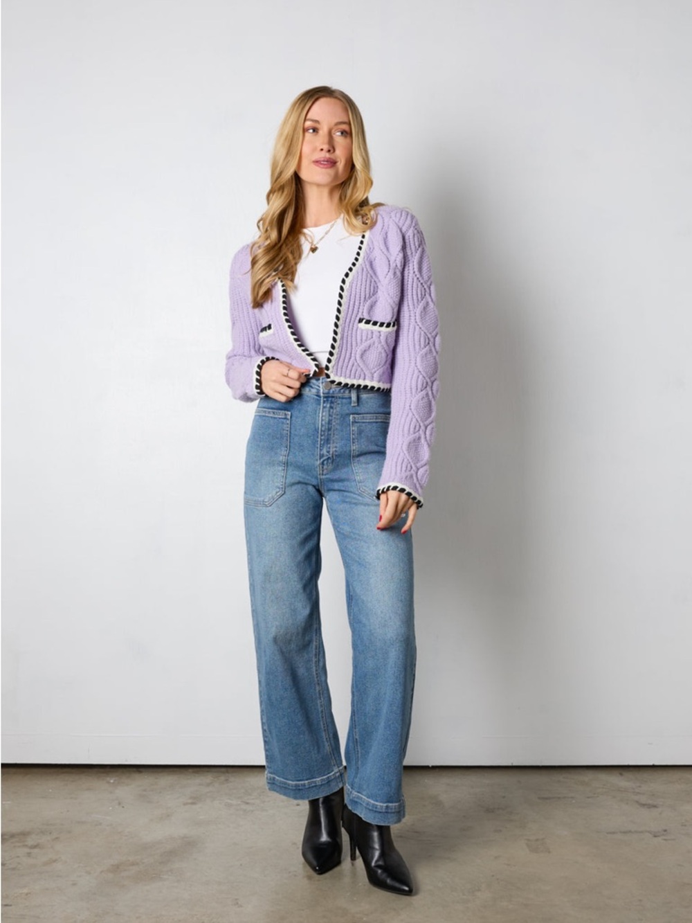 vestique Lavender Cable Knit Cropped Cardigan with Black-Trim NWOT